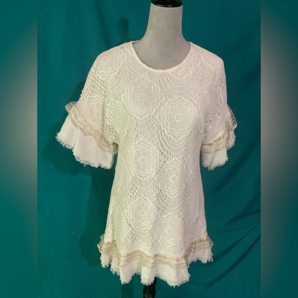 Stevie May Women’s White Lace Dress w/Floral Embroidery & tiered ruffled sleeves